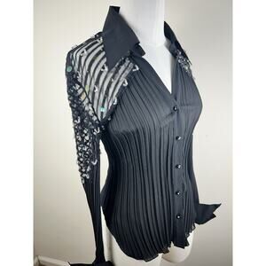 VTG Women's Beaded Sequin Black Crinkle Stretch Sheer Shirt Sz Medium Y2K Button